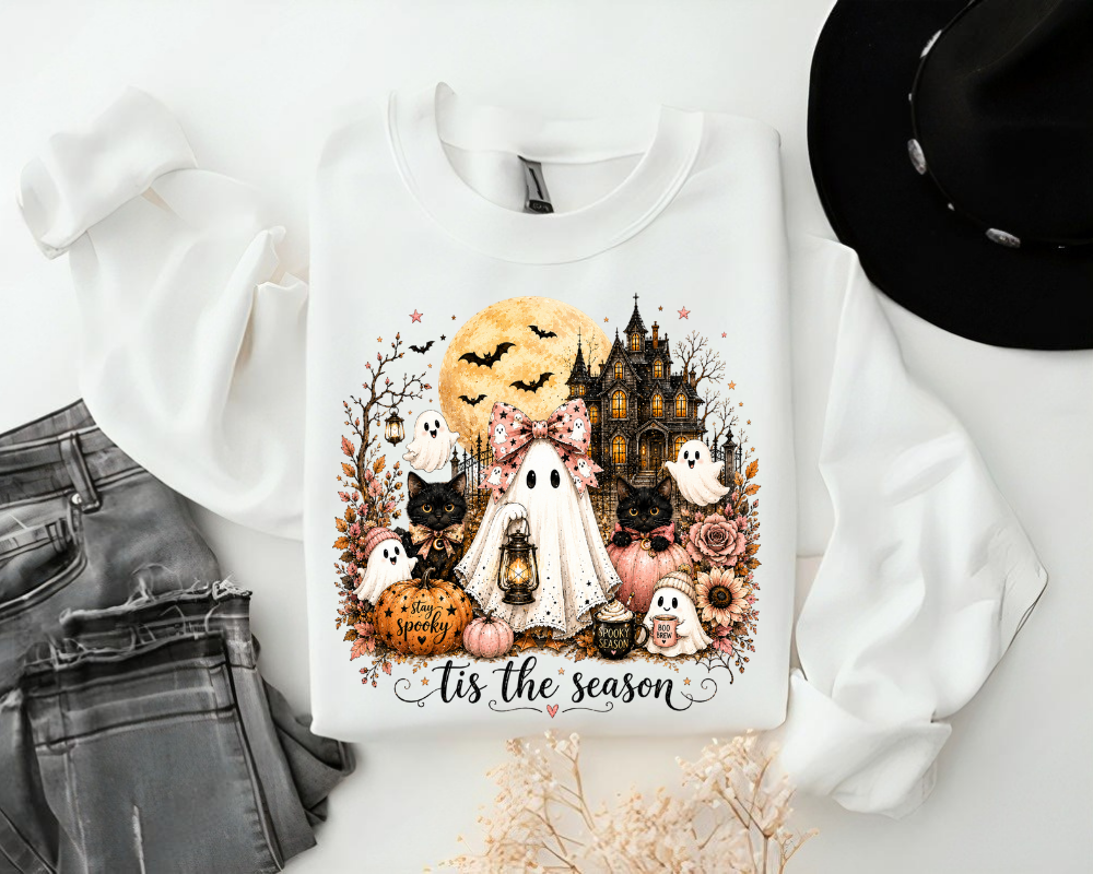 'Tis the Season - Haunted House Ghost Halloween Sweatshirt, Black Cat Shirt, Spooky Season Graphic Crewneck, Dark Halloween Gift
