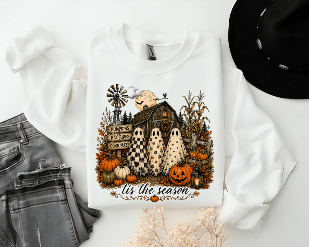 'Tis The Season Farmhouse Halloween Sweatshirt, Pumpkin Ghost Crewneck, Cute Ghost Fall Shirt, Spooky Season Sweatshirt
