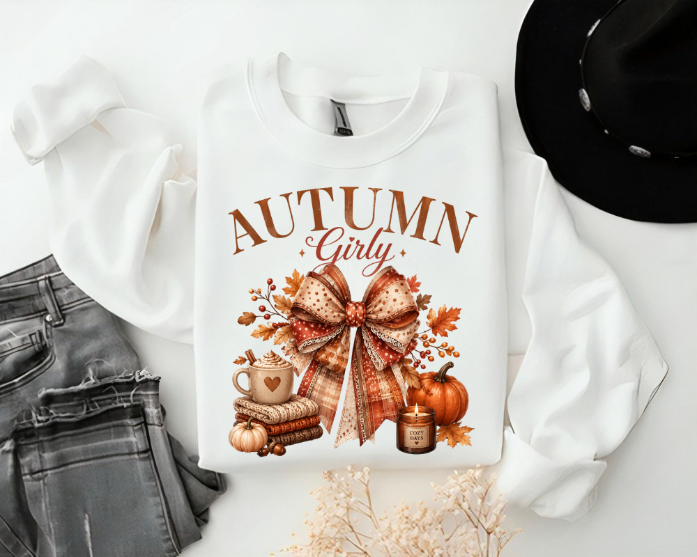 Cozy Autumn Girly Fall Sweatshirt, Coquette Autumn Bow Shirt, Pumpkin Spice Season Crewneck, Cute Fall Aesthetic Gift