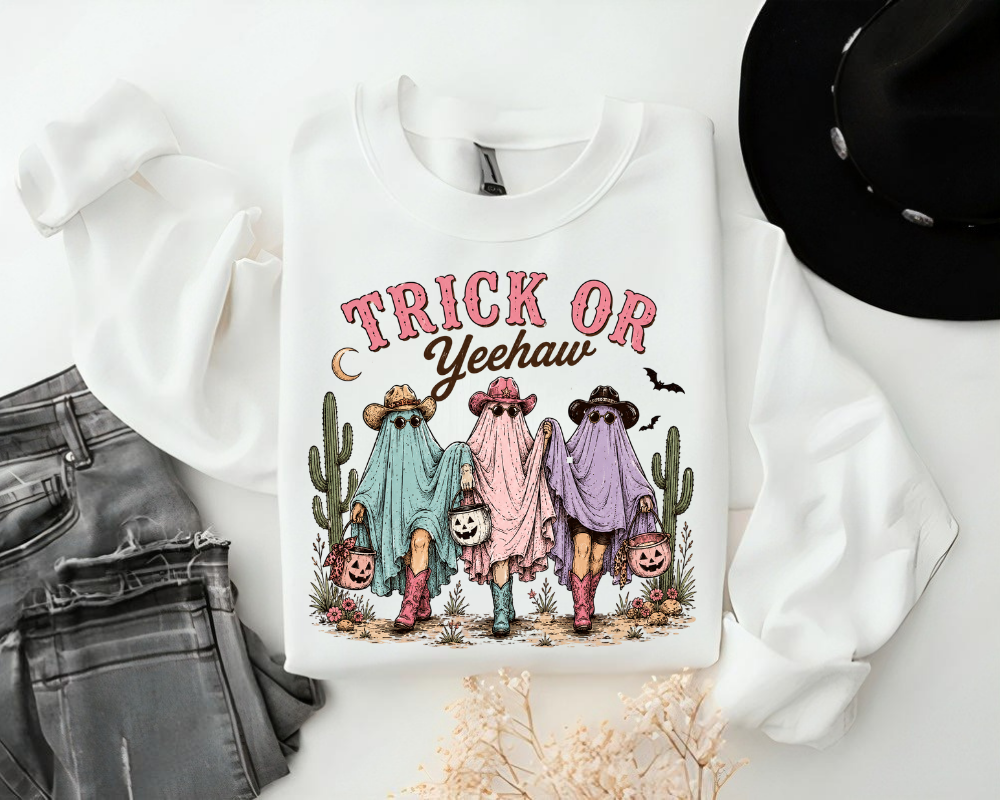Trick Or Yeehaw Sweatshirt, Western Halloween Ghost Crewneck, Cowgirl Ghost Shirt, Country Fall Gift for Women