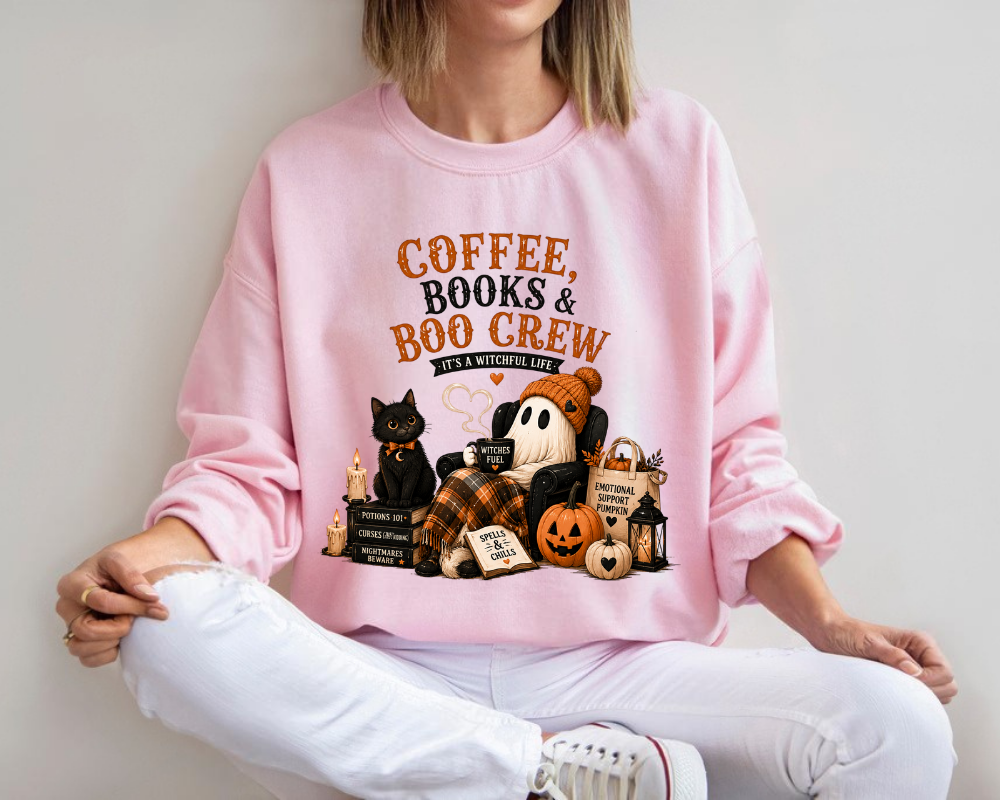 Coffee, Books & Boo Crew Sweatshirt, Cozy Halloween Ghost Hoodie, Cute Autumn Booklover Gift