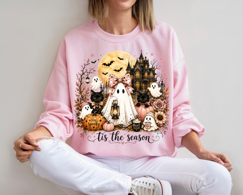 'Tis the Season - Haunted House Ghost Halloween Sweatshirt, Black Cat Shirt, Spooky Season Graphic Crewneck, Dark Halloween Gift