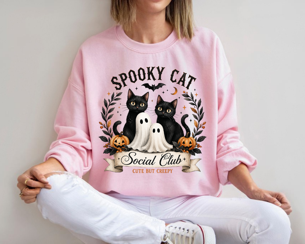 Spooky Cat Social Club Halloween Sweatshirt, Ghost Cat Crewneck, Gift for Cat Lovers