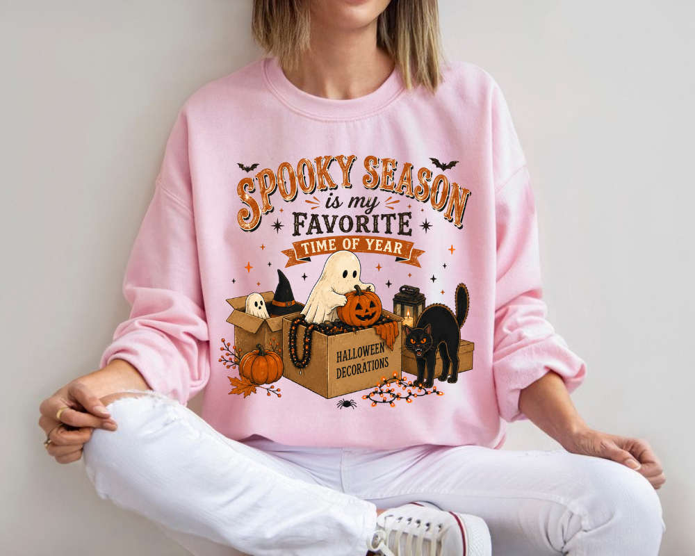 Spooky Season Is My Favorite Time of Year Halloween Sweatshirt, Cute Ghost Pumpkin Crewneck, Black Cat Fall Graphic Pullover, Cozy Autumn Halloween Gift for Women
