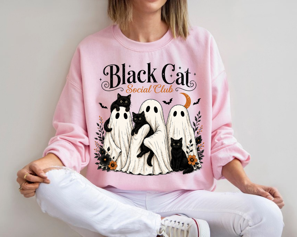 Black Cat Social Club Halloween Sweatshirt, Ghost Cats Crewneck, Gift for Cat Lovers