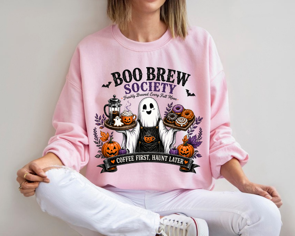 Boo Brew Society Halloween Sweatshirt, Ghost Coffee Crewneck, Spooky Season Gift for Women