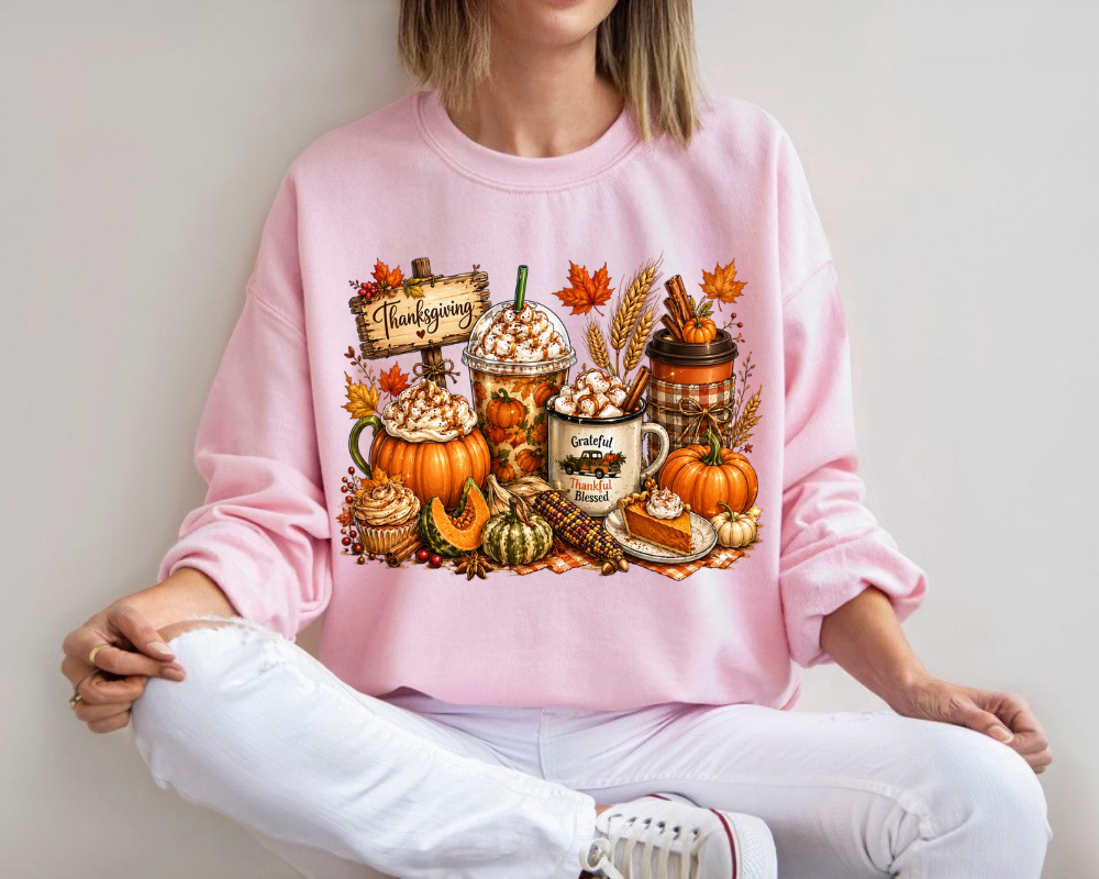 Thanksgiving Coffee Sweatshirt, Pumpkin Spice Fall Crewneck, Cozy Autumn Graphic Shirt, Grateful Thankful Blessed Pullover, Fall Gift for Women