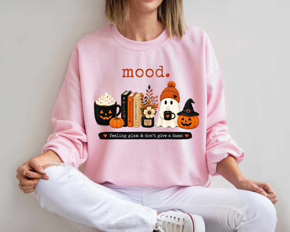 Mood Halloween Sweatshirt, Cute Ghost Pumpkin Coffee Crewneck, Cozy Fall Graphic Sweatshirt, Spooky Book Lover Pullover, Autumn Gift for Women