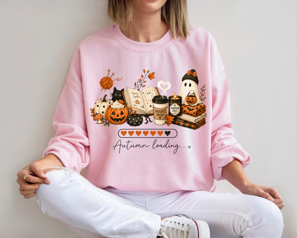Autumn Loading Halloween Sweatshirt, Cozy Fall Ghost Pumpkin Crewneck, Cute Black Cat Coffee Graphic Pullover, Spooky Season Sweatshirt, Fall Gift for Women
