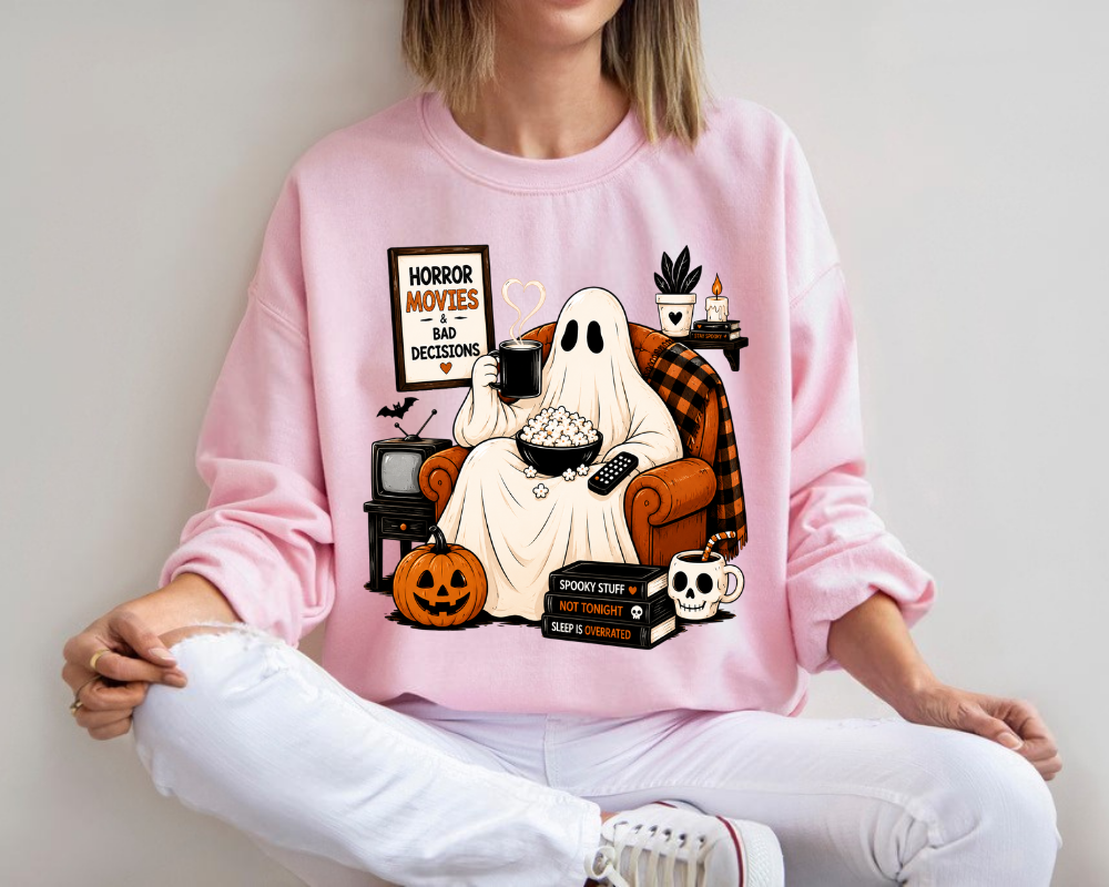Horror Movies & Bad Decisions Halloween Sweatshirt, Spooky Season Ghost Movie Night, Gift for Women