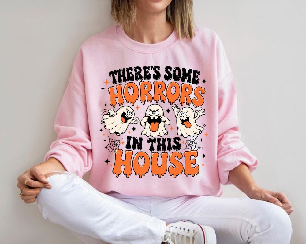 There's Some Horrors In This House Halloween Sweatshirt, Funny Ghost Crewneck, Cute Spooky Season Graphic Pullover, Halloween Party Sweatshirt, Funny Halloween Gift for Women