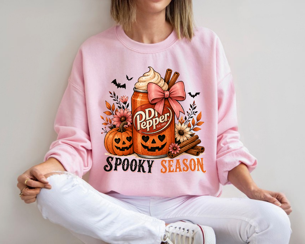 Cute Pumpkin Soda Sweatshirt, Spooky Season Crewneck, Fall Halloween Shirt, Pink Bow Autumn Sweatshirt, Halloween Gift for Women