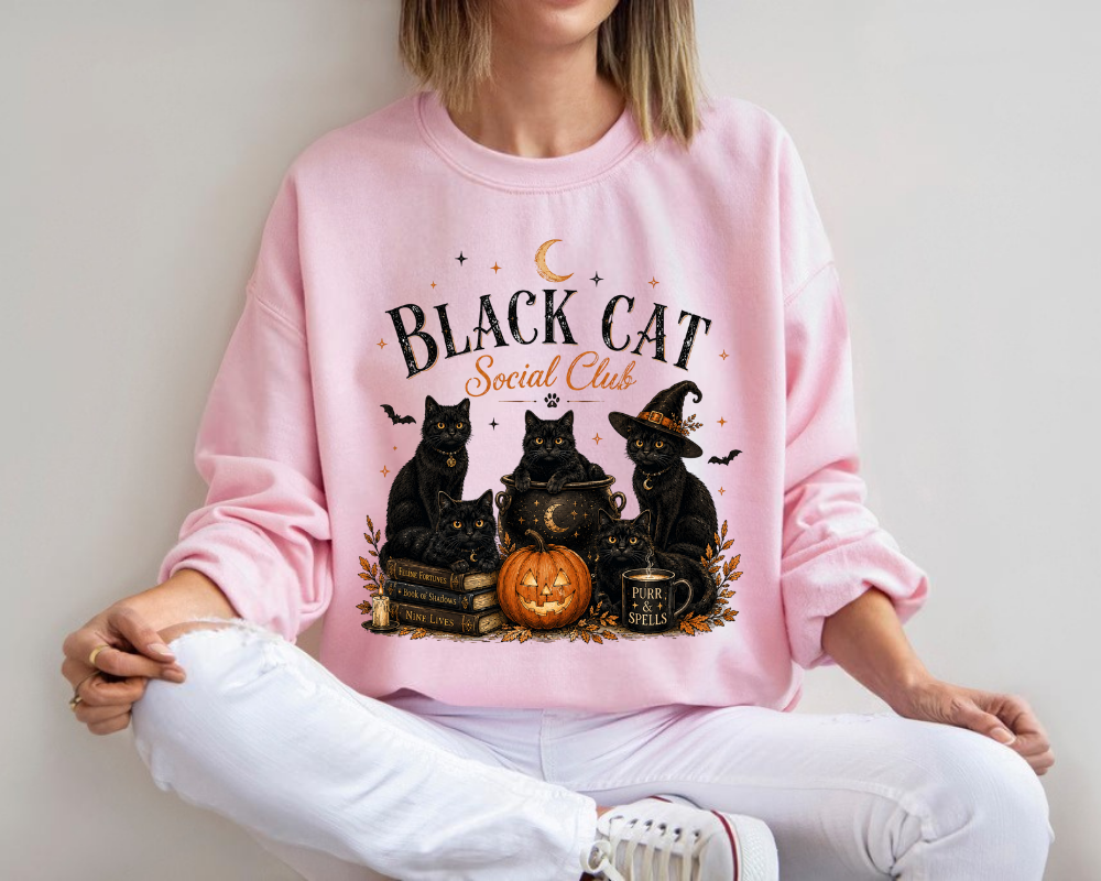 Black Cat Social Club Halloween Sweatshirt, Cozy Magic Cat Crewneck, Gift for Cat Lovers