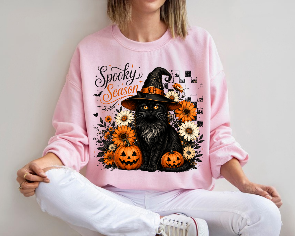 Spooky Season Halloween Sweatshirt, Witch Black Cat Crewneck, Gift for Cat Lovers