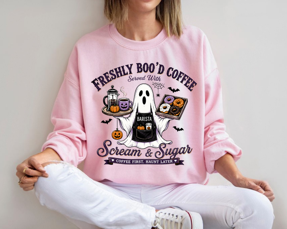 Freshly Boo'd Coffee Halloween Sweatshirt, Ghost Barista Crewneck, Spooky Coffee Lover Gift for Women