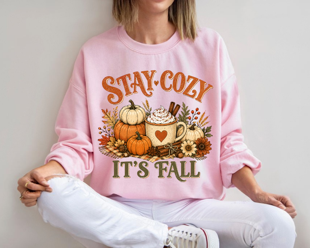 Stay Cozy It's Fall Sweatshirt, Cozy Autumn Pumpkin Crewneck, Fall Coffee Graphic Pullover, Cute Thanksgiving Sweatshirt, Fall Gift for Women