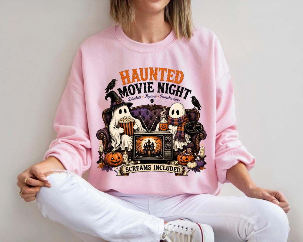 Haunted Movie Night Halloween Sweatshirt, Cute Ghost Crewneck, Cozy Spooky Season Gift for Women
