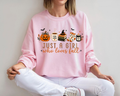 Just A Girl Who Loves Fall Sweatshirt, Cozy Fall Coffee Crewneck, Pumpkin Halloween Graphic Sweatshirt, Autumn Lover Pullover, Cute Fall Gift for Women