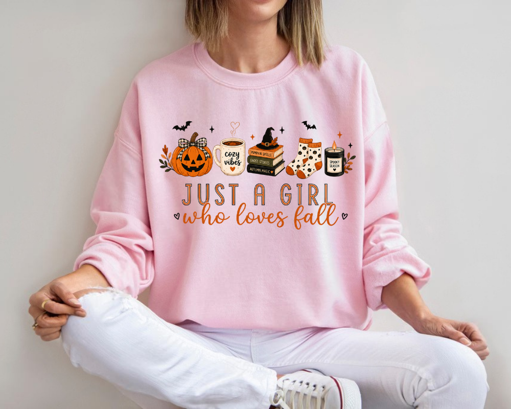 Just A Girl Who Loves Fall Sweatshirt, Cozy Fall Coffee Crewneck, Pumpkin Halloween Graphic Sweatshirt, Autumn Lover Pullover, Cute Fall Gift for Women