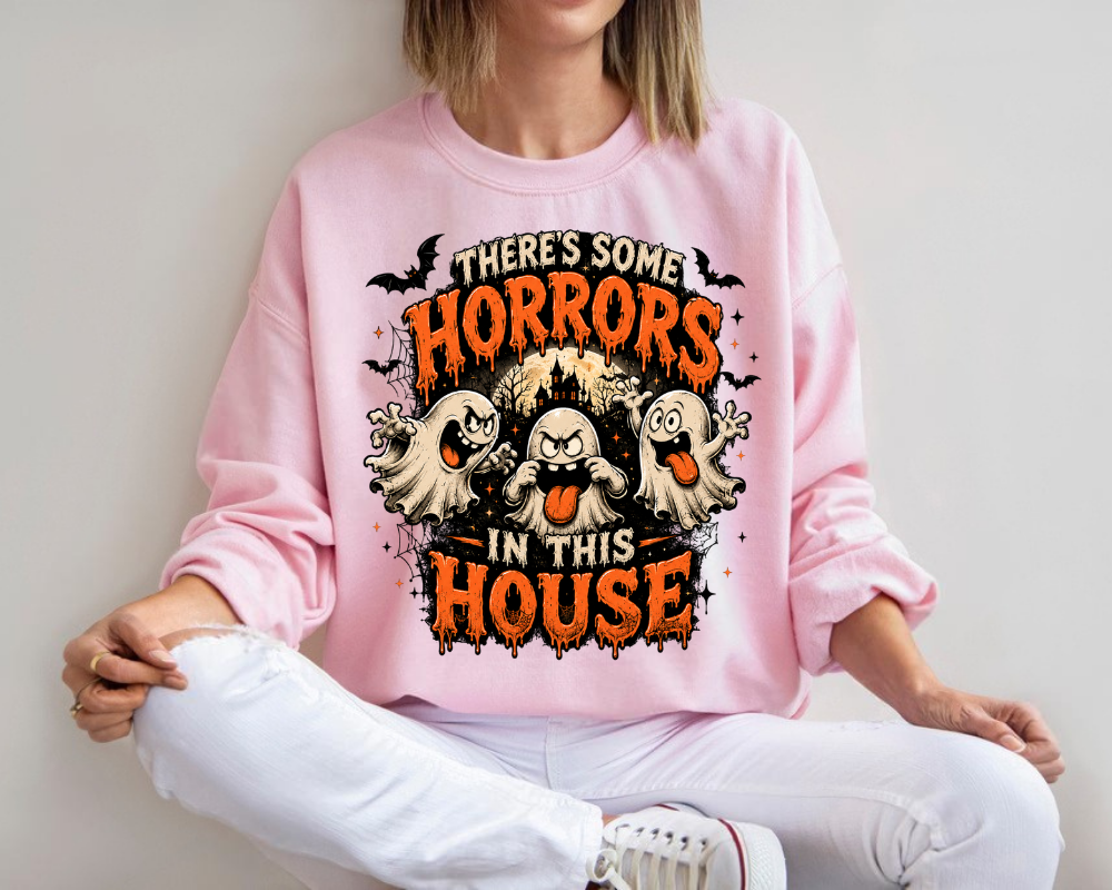 There's Some Horrors in This House - Halloween Ghost Sweatshirt, Funny Spooky Ghost Graphic Crewneck, Cute Haunted House Fall Pullover, Halloween Party Costume Gift, Spooky Season Gift for Women
