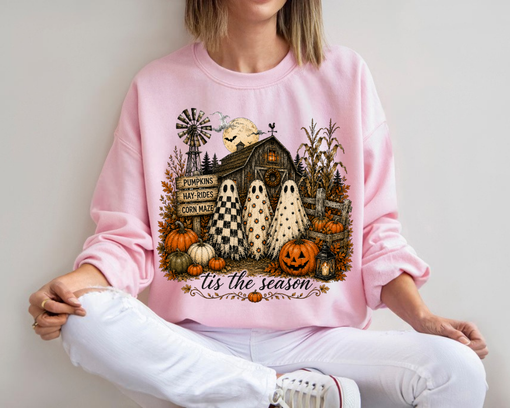 'Tis The Season Farmhouse Halloween Sweatshirt, Pumpkin Ghost Crewneck, Cute Ghost Fall Shirt, Spooky Season Sweatshirt