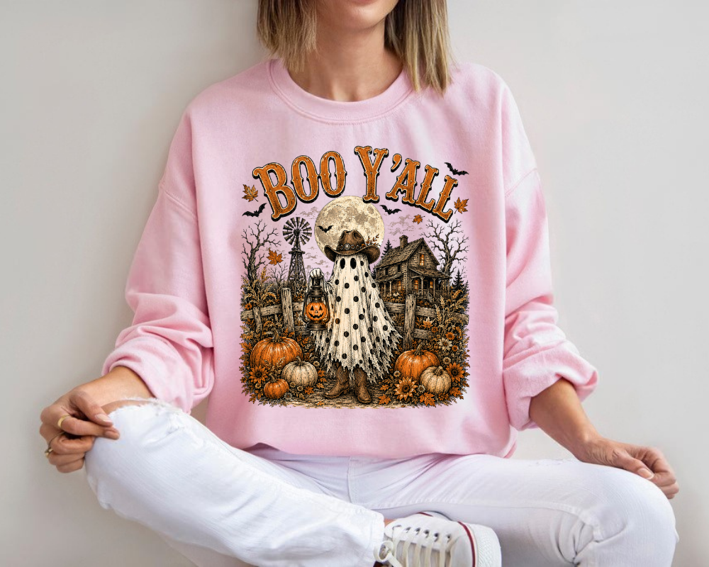 Boo Y'all Ghost Sweatshirt, Western Halloween Crewneck, Cowgirl Ghost Shirt, Pumpkin Patch Fall Sweatshirt
