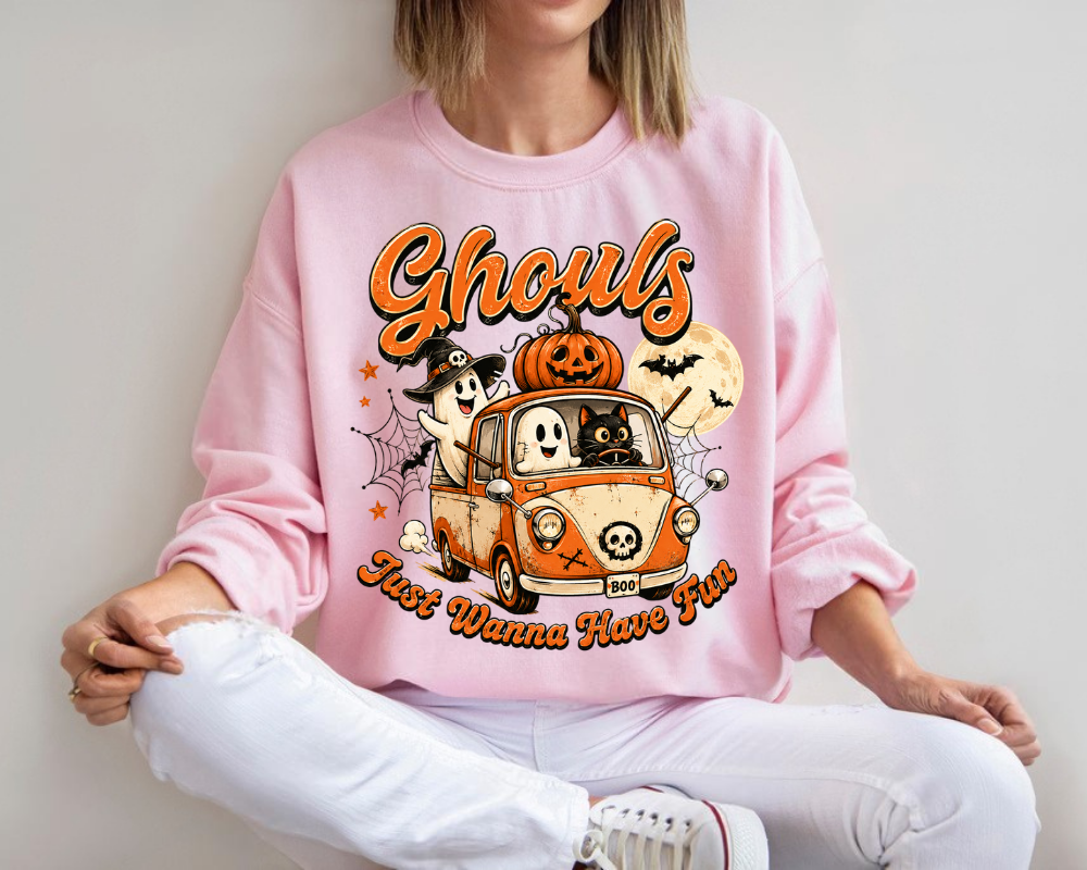Ghouls Just Wanna Have Fun, Vintage Halloween Ghost Sweatshirt, Cute Spooky Season Shirt, Retro Fall Graphic Crewneck, Halloween Road Trip Gift