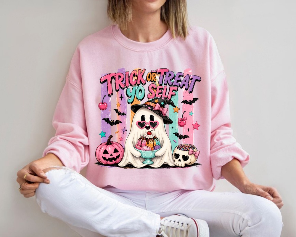 Trick or Treat Yo Self - Ghost Halloween Sweatshirt, Cute Ghost Shirt, Funny Halloween Sweatshirt, Women's Halloween Crewneck, Spooky Season Sweatshirt
