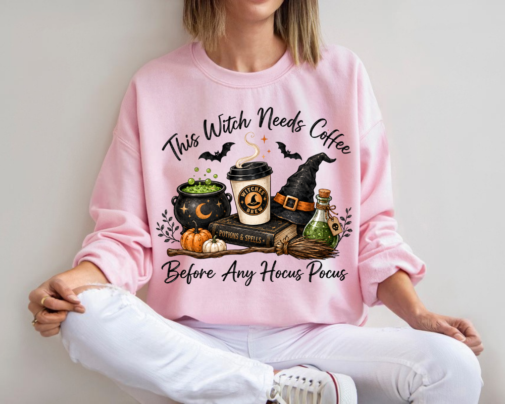 This Witch Needs Coffee Halloween Sweatshirt, Witch Coffee Shirt, Spooky Season Crewneck, Hocus Pocus Gift for Coffee Lovers