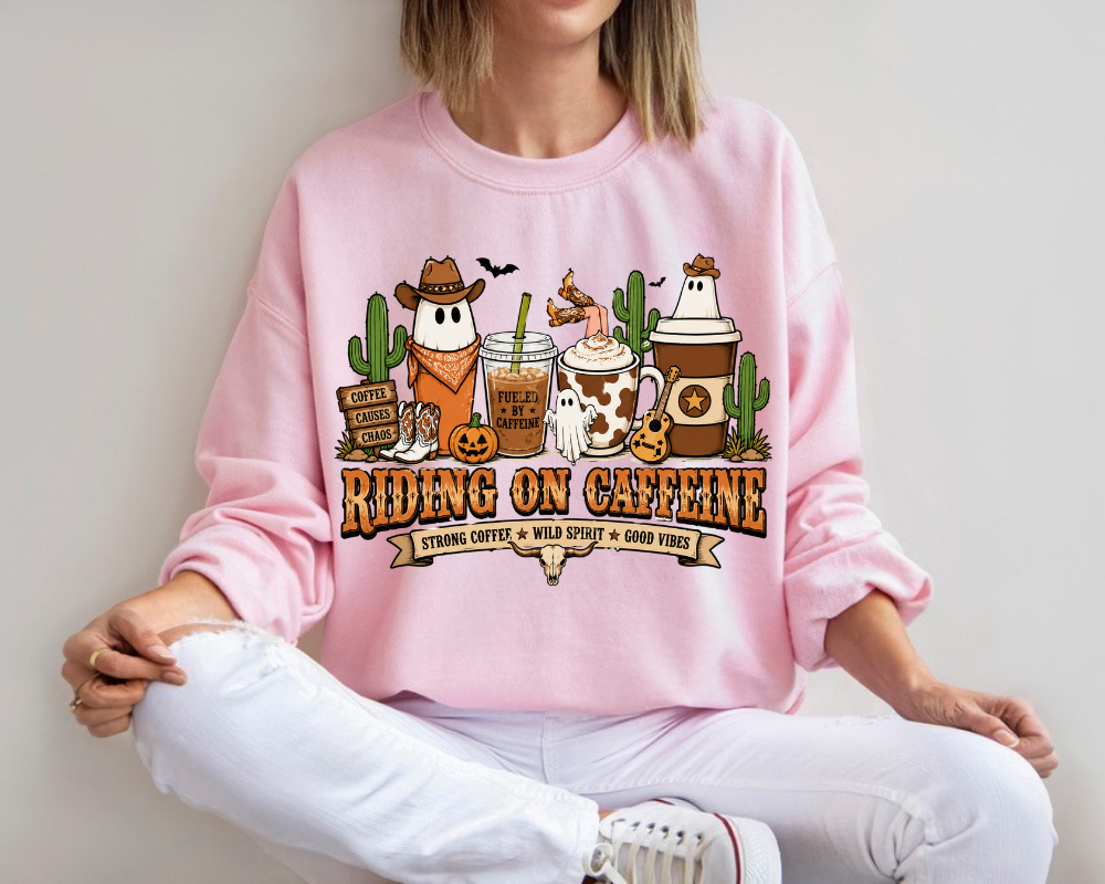 Riding On Caffeine Sweatshirt, Western Halloween Ghost Coffee Crewneck, Cowgirl Coffee Shirt, Cute Fall Coffee Lover Gifts