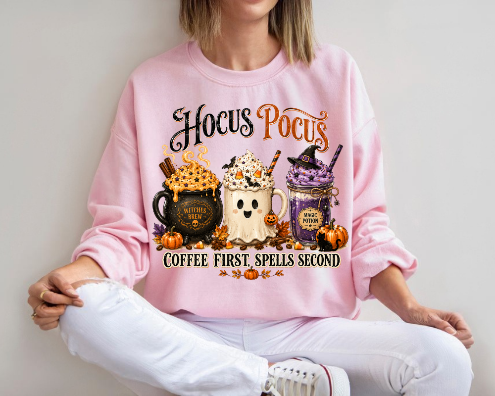 Hocus Pocus Sweatshirt, Halloween Coffee Sweatshirt, Witch Coffee Shirt, Coffee First Spells Second Graphic Crewneck, Pumpkin Spice Fall Sweatshirt, Cute Halloween Gift for Coffee Lovers