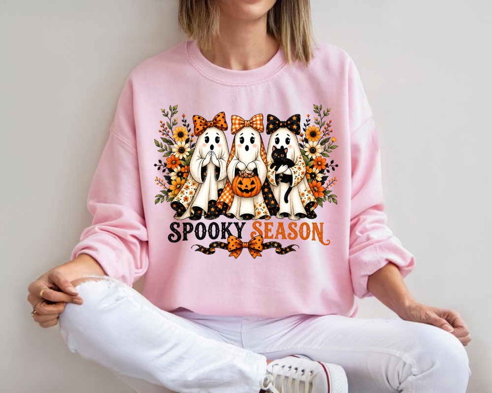 Cute Ghost Halloween Sweatshirt, Coquette Ghost Crewneck, Black Cat Fall Sweatshirt, Pumpkin Bow Autumn Shirt, Halloween Gift for Women