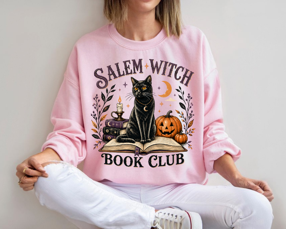 Salem Witch Book Club, Black Cat Halloween Sweatshirt, Vintage Spooky Season Crewneck, Witchy Book Lover Gift, Fall Graphic Pullover