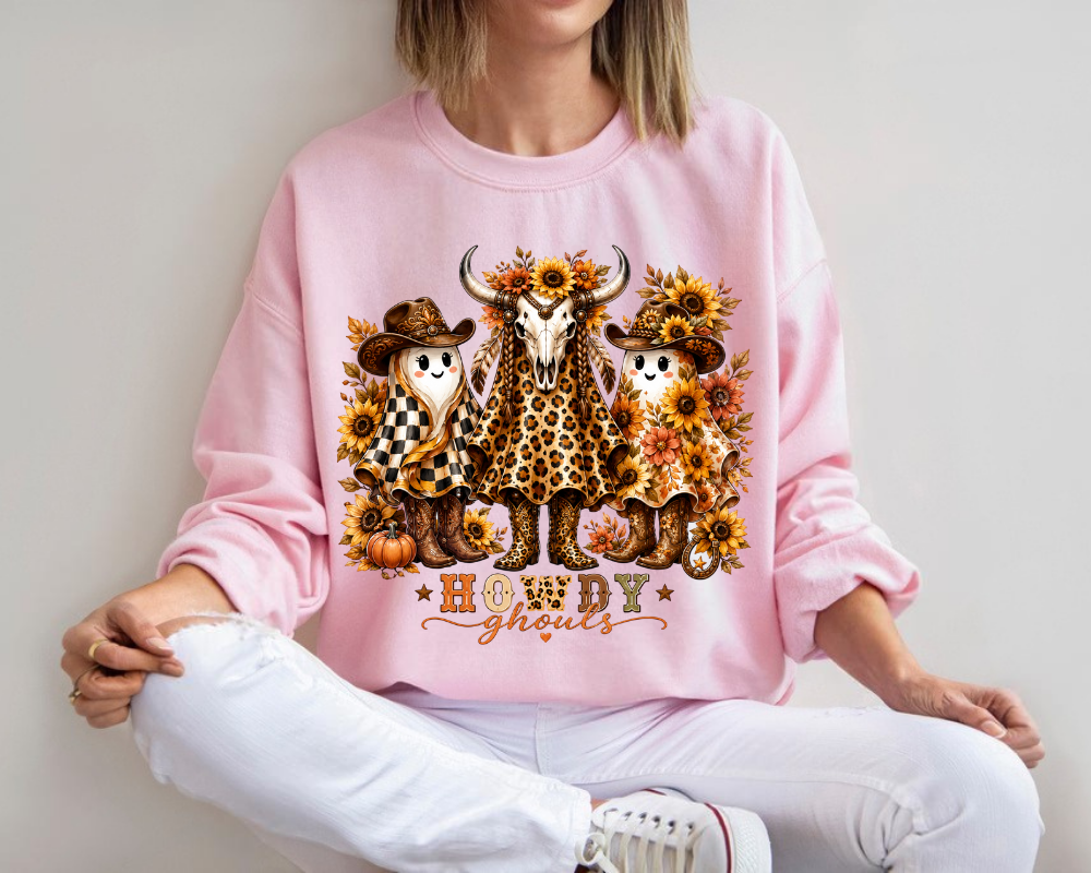 Howdy Ghouls Sweatshirt, Western Halloween Ghost Shirt, Cowgirl Ghost Crewneck, Sunflower Leopard Halloween Sweatshirt, Cute Fall Western Gift for Women