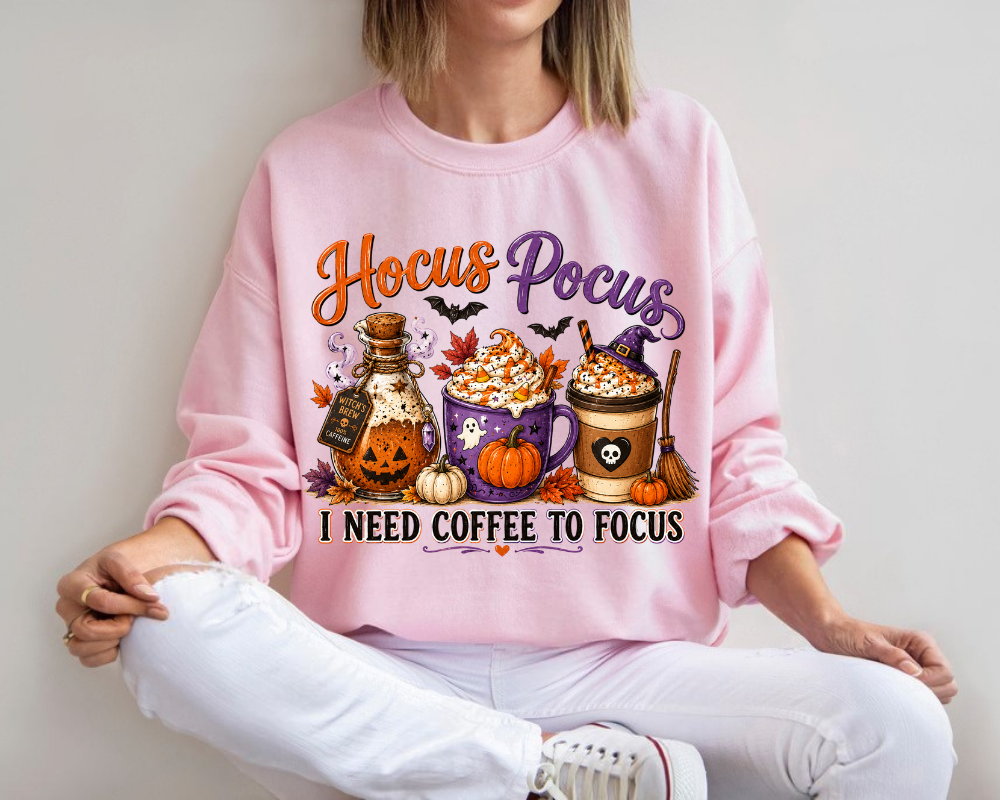 Hocus Pocus Sweatshirt, I Need Coffee To Focus Sweatshirt, Halloween Coffee Shirt, Witch Coffee Lover Graphic Crewneck, Pumpkin Spice Fall Sweatshirt, Gift for Women