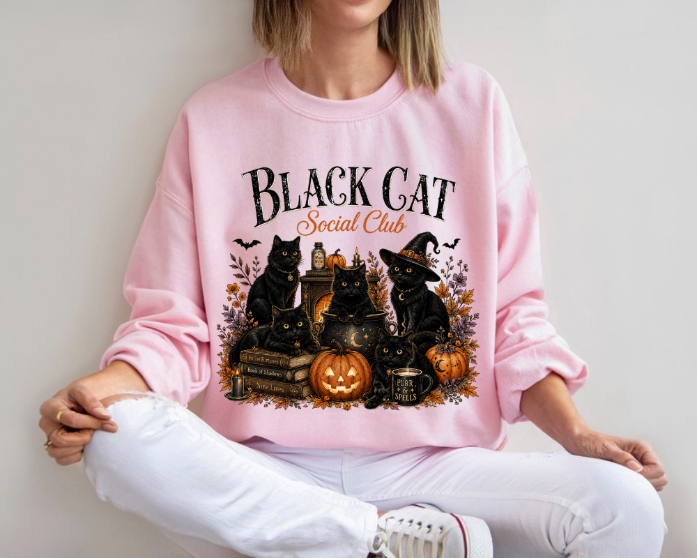 Black Cat Social Club Halloween Sweatshirt, Witch Cat Crewneck, Gift for Cat Lovers