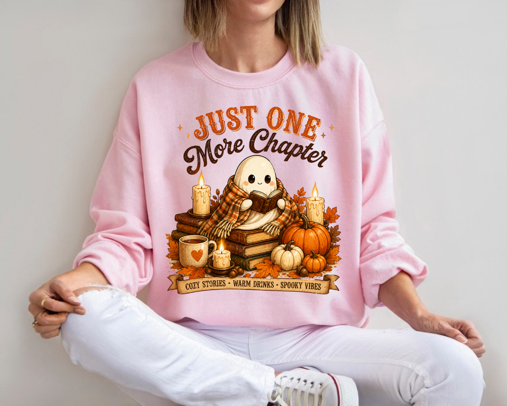 Just One More Chapter Halloween Sweatshirt, Cute Ghost Reading Crewneck, Cozy Fall Book Lover Sweatshirt, Pumpkin Autumn Graphic Pullover, Reader Gift for Women