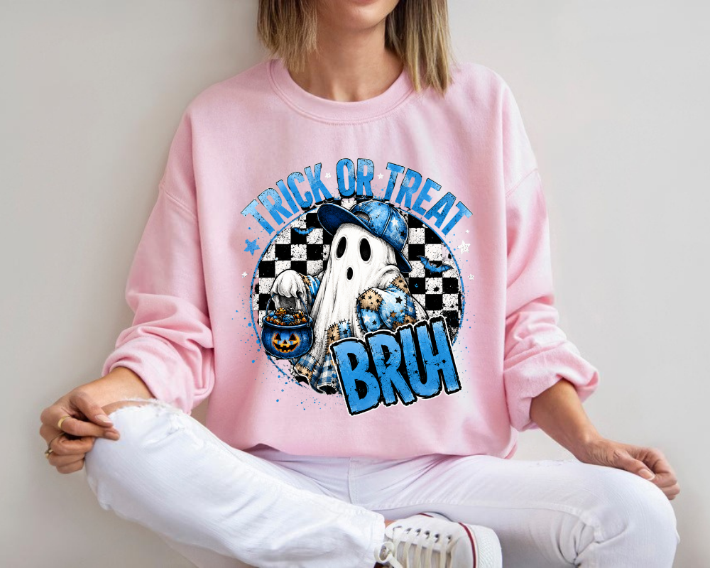 Trick or Treat Bruh Sweatshirt, Funny Ghost Halloween Sweatshirt, Spooky Season Crewneck, Cute Blue Ghost Shirt, Halloween Gifts