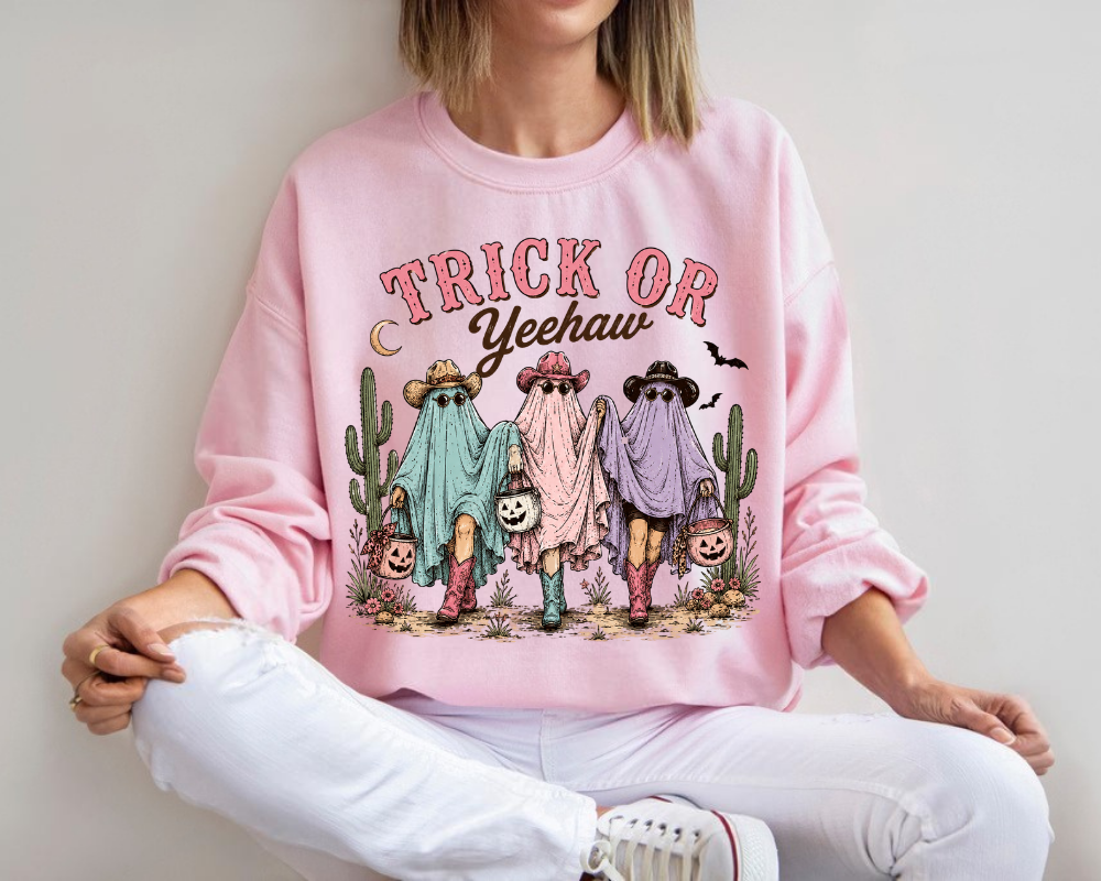 Trick Or Yeehaw Sweatshirt, Western Halloween Ghost Crewneck, Cowgirl Ghost Shirt, Country Fall Gift for Women