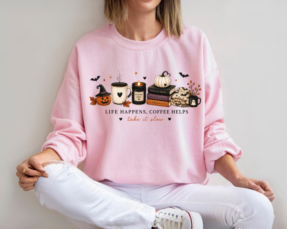 Halloween Coffee Sweatshirt for Women – Life Happens, Coffee Helps Take It Slow, Cozy Pumpkin Spice Ghost Fall Hoodie, Cute Spooky Season Gift