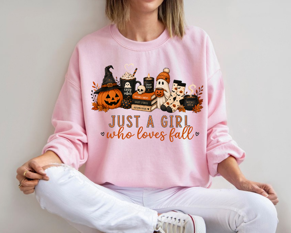 Just A Girl Who Loves Fall Sweatshirt, Cozy Halloween Pumpkin Crewneck, Cute Ghost Coffee Graphic Pullover, Autumn Lover Sweatshirt, Fall Gift for Women