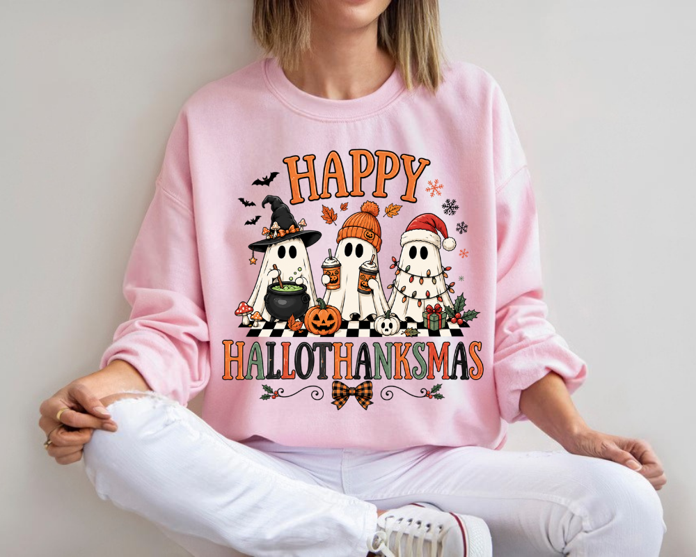 Happy Hallothanksmas Sweatshirt, Holiday Ghost Hoodie, Cute Spooky Christmas Crewneck, Gift for Holiday Lovers