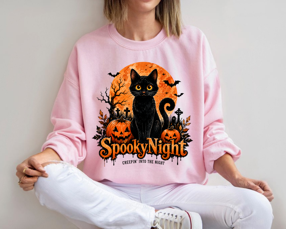 Spooky Night Black Cat Halloween Sweatshirt, Pumpkin Crewneck, Gift for Cat Lovers