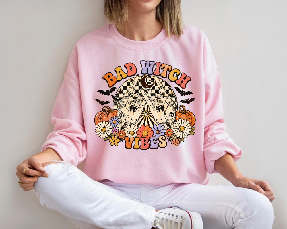Bad Witch Vibes Halloween Sweatshirt, Retro Boho Witch Shirt, Spooky Season Crewneck, Vintage Witchy Fall Sweater