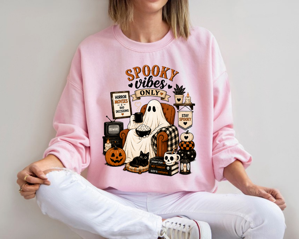 Spooky Vibes Only Halloween Sweatshirt, Cute Ghost Crewneck Sweatshirt, Cozy Fall Hoodie, Halloween Pumpkin Black Cat Sweatshirt, Gift for Women