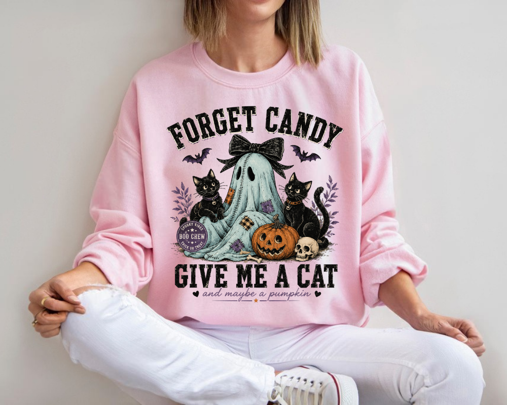 Forget Candy Give Me a Cat Sweatshirt, Black Cat Ghost Halloween Crewneck, Cute Spooky Season Sweatshirt, Cat Lover Fall Shirt, Halloween Gift for Women
