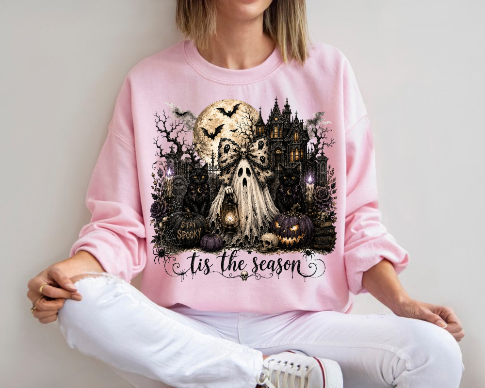 'Tis the Season - Gothic Halloween Ghost Sweatshirt, Haunted House Black Cat Shirt, Spooky Season Graphic Crewneck, Dark Halloween Gift