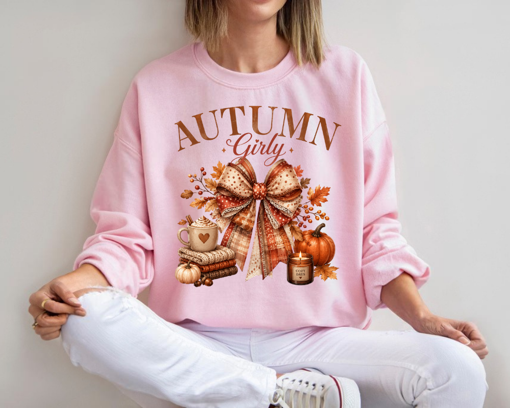 Cozy Autumn Girly Fall Sweatshirt, Coquette Autumn Bow Shirt, Pumpkin Spice Season Crewneck, Cute Fall Aesthetic Gift