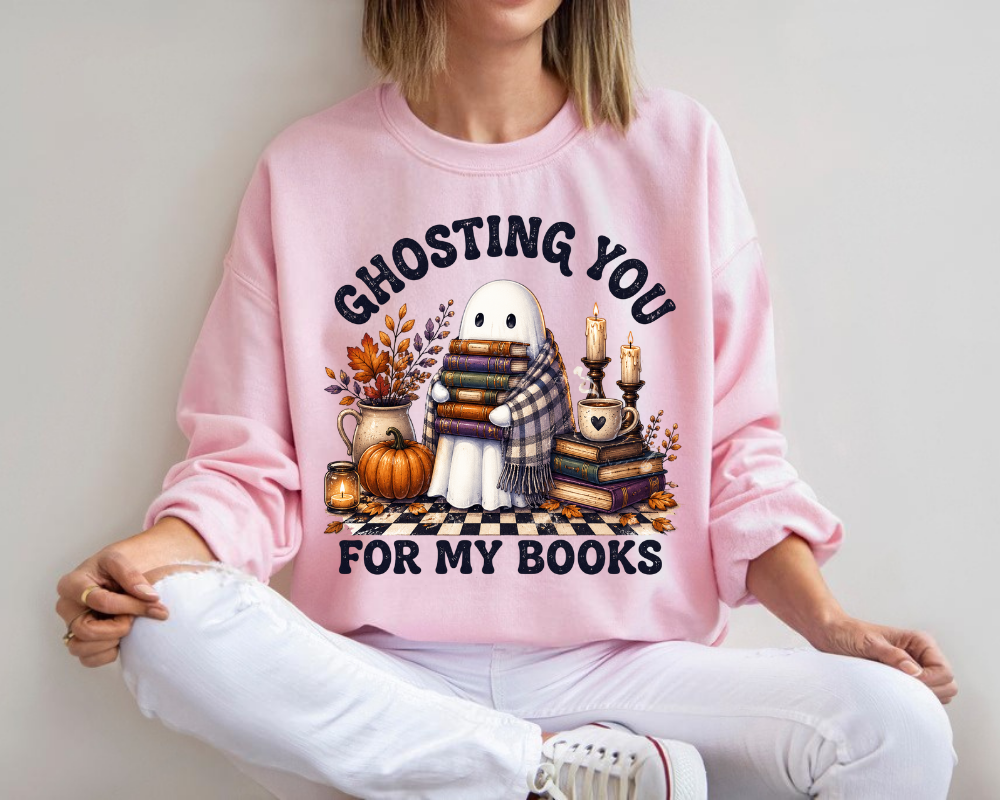 Ghosting You For My Books Sweatshirt, Halloween Book Lover Crewneck, Cute Ghost Reading Shirt, Spooky Reader Gift