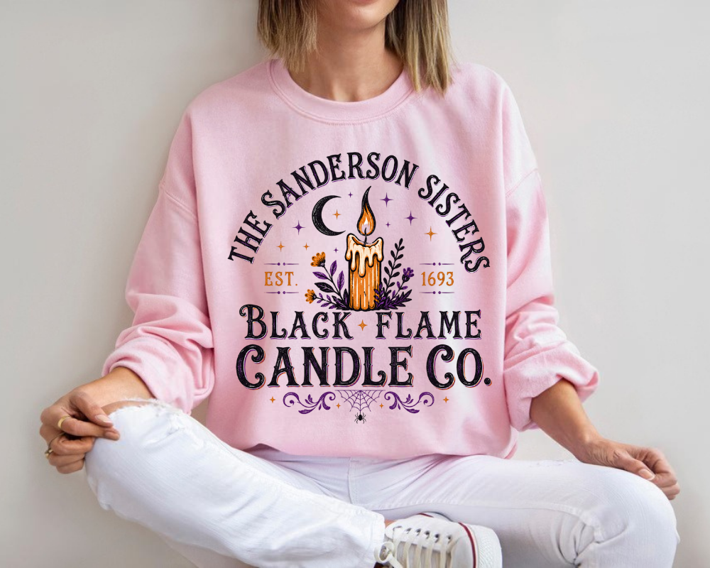 Black Flame Candle Co., Vintage Halloween Sweatshirt, Witchy Spooky Season Crewneck, Hocus Pocus Inspired Graphic Shirt, Fall Halloween Gift for Women
